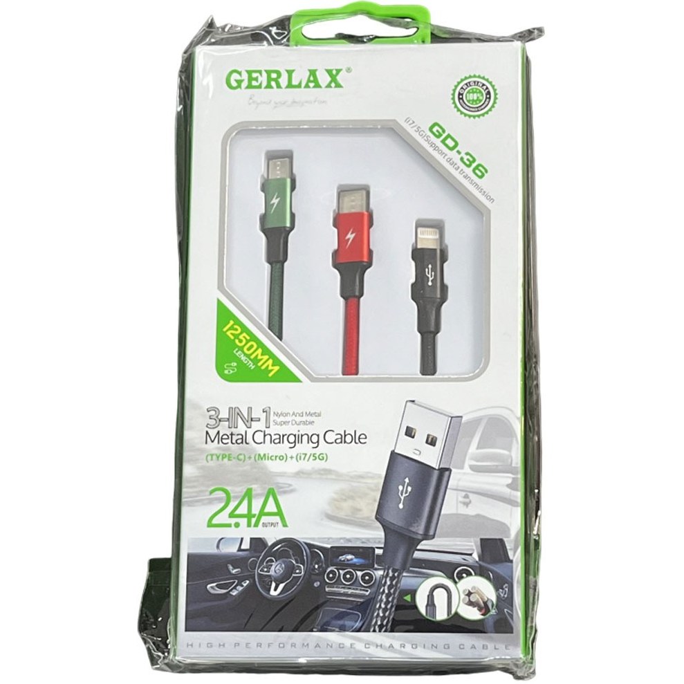 کابل شارژ جرلکس  Type-C+Micro-USB+Lightning مدل GERLAX GD-36 3in1