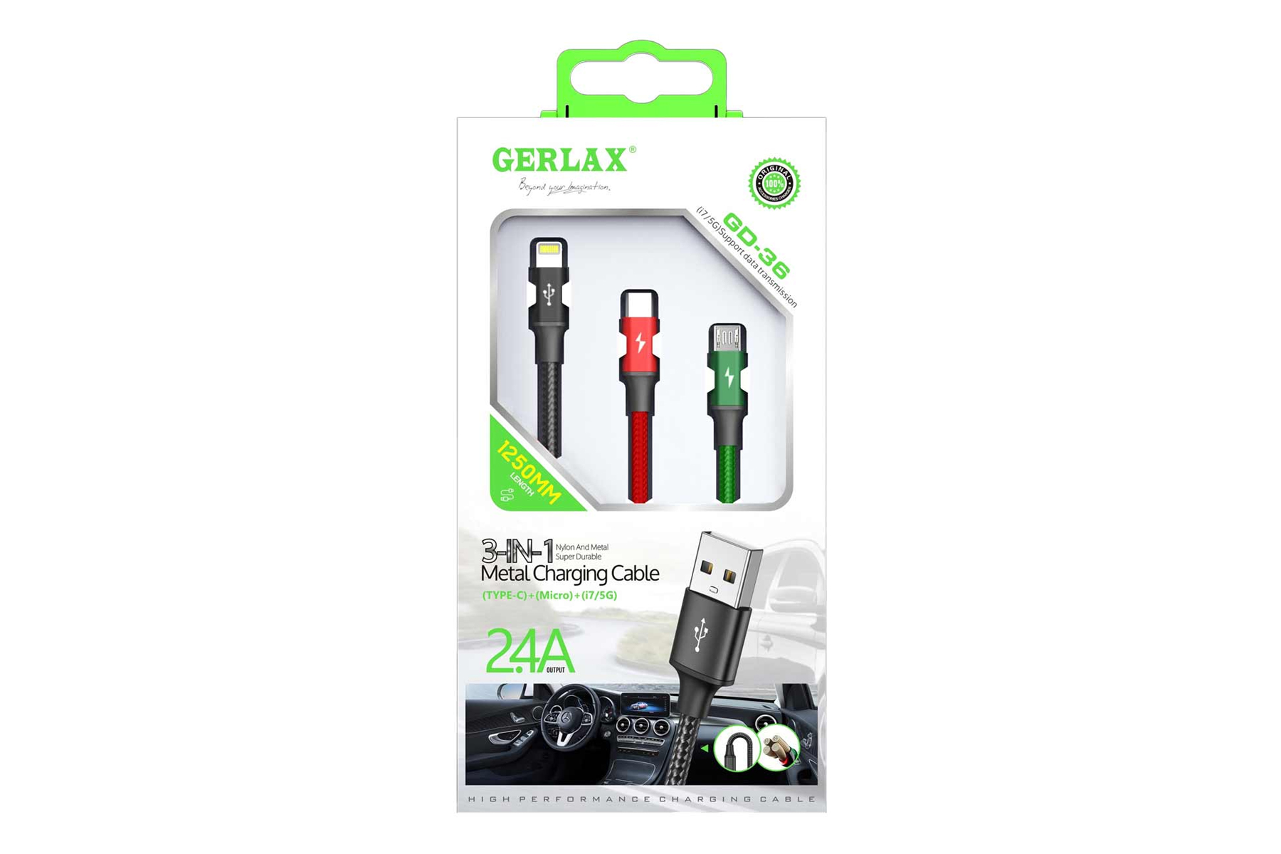 کابل شارژ جرلکس  Type-C+Micro-USB+Lightning مدل GERLAX GD-36 3in1